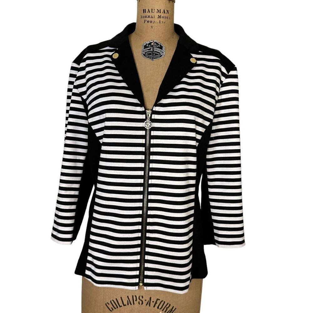 Vintage Anne Klein black and white striped collared zip sweater cardigan size XL